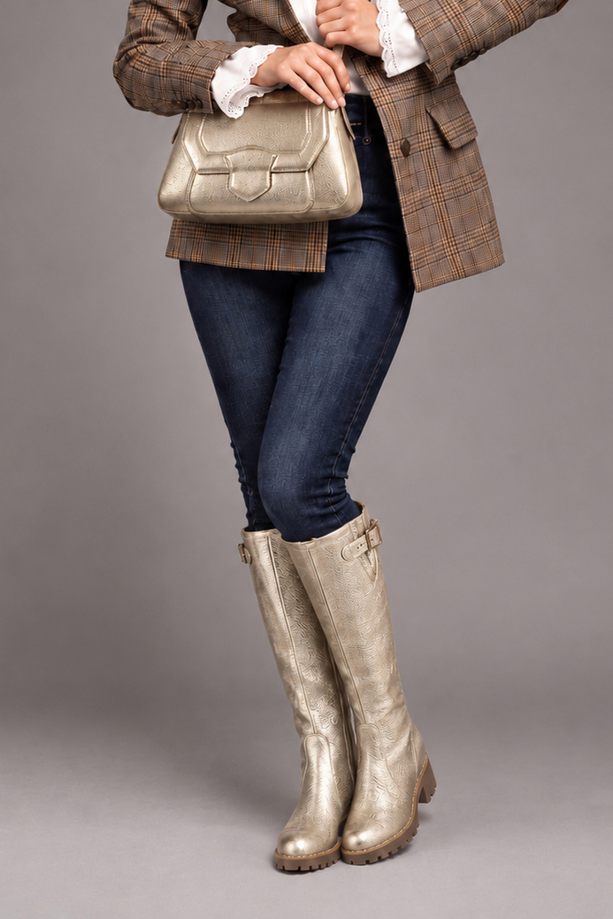 Women's gold custom-made buckle knee-high boots with  and - Top view